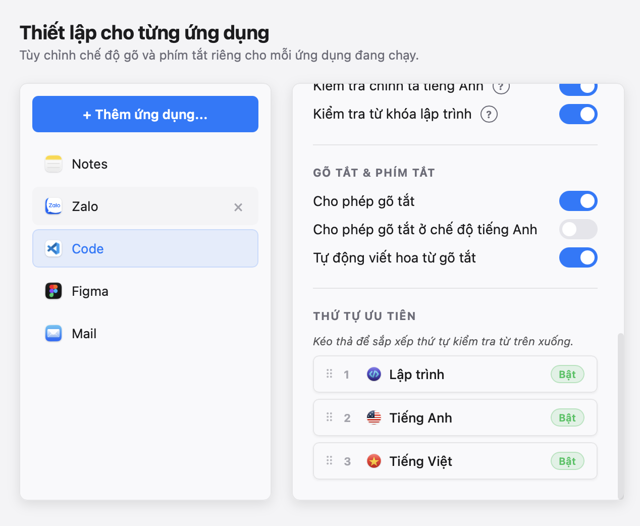 Nhớ chế độ gõ theo từng ứng dụng